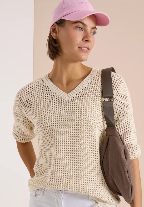 cecil Pullover Kurzarm Crochet V-Ausschnitt Baumwolle Beige