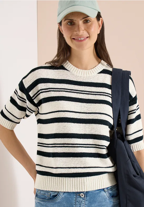 cecil Kurzarm Pullover Mit Streifen Bändchengarn-Optik Baumwolle-Polyester