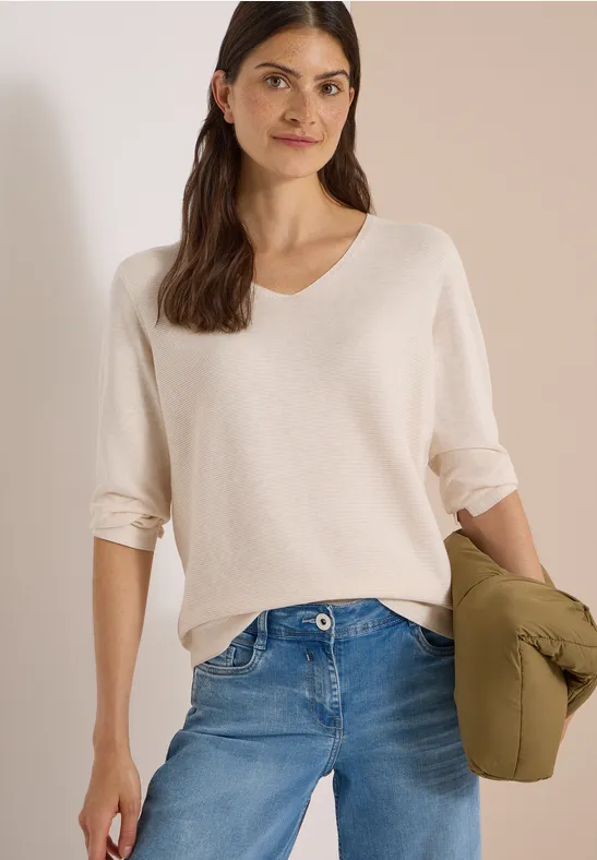 3/4-Arm Pullover mit V-Neck und Strukturfront