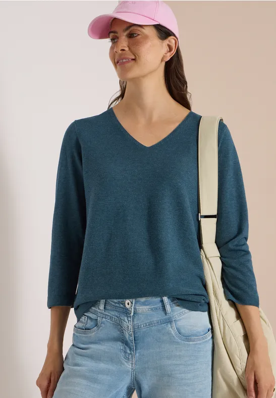 3/4-Arm Pullover mit V-Neck und Strukturfront