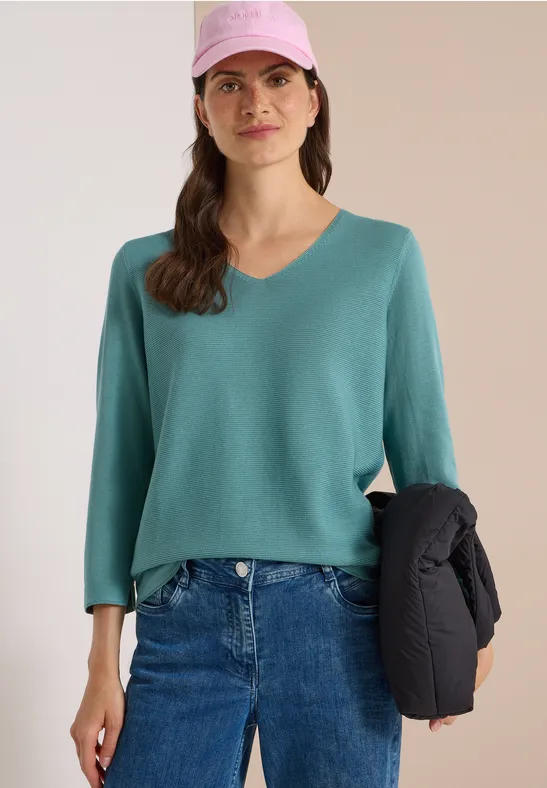 3/4-Arm Pullover mit V-Neck und Strukturfront