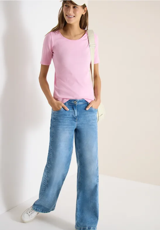 Thumbnail - Cecil Damen Basic T-Shirt mit Rundhals in Unifarbe in Rosa, Gr: L