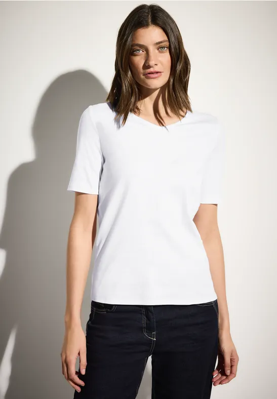 Cecil Dames Basic T-shirt met V-hals in Wit, Gr: L