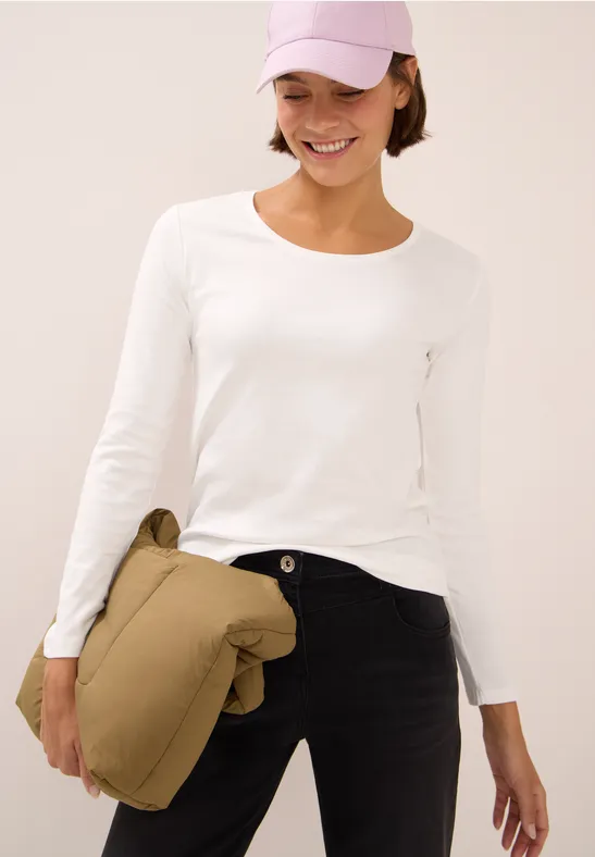 cecil Langarmshirt Basic Rundhals Organic Cotton Weiss