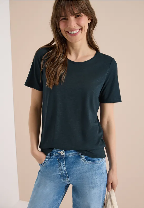 cecil T-Shirt Basic Rundhals Baumwolle-Modal Blau
