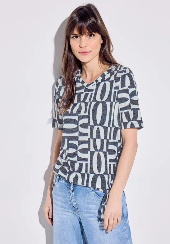 cecil Burn Out Knot V-Neck Shirt Blau