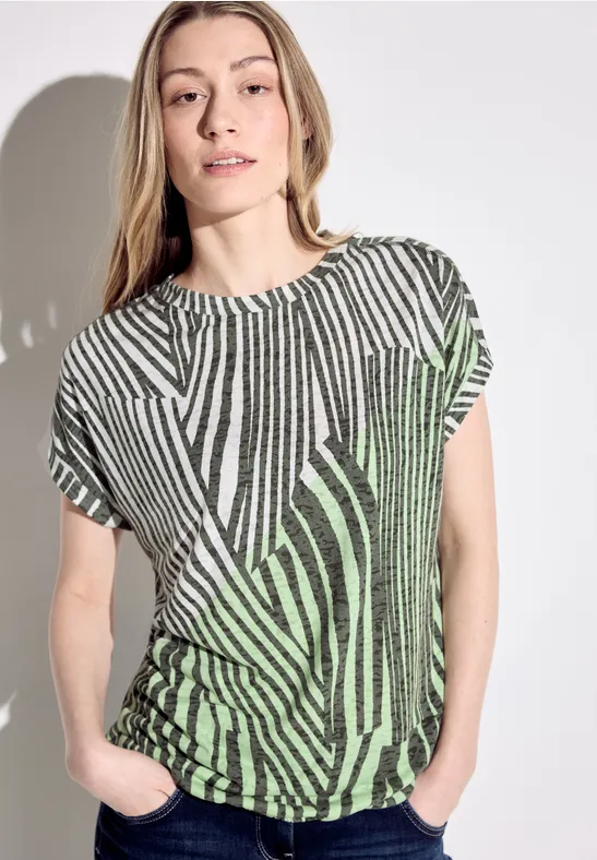 cecil T-Shirt Burn-Out U-Boot Polyester-Viskose Grün