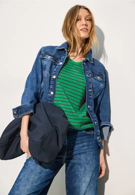 cecil Burn-Out T-Shirt V-Ausschnitt Tunnelzug Grün