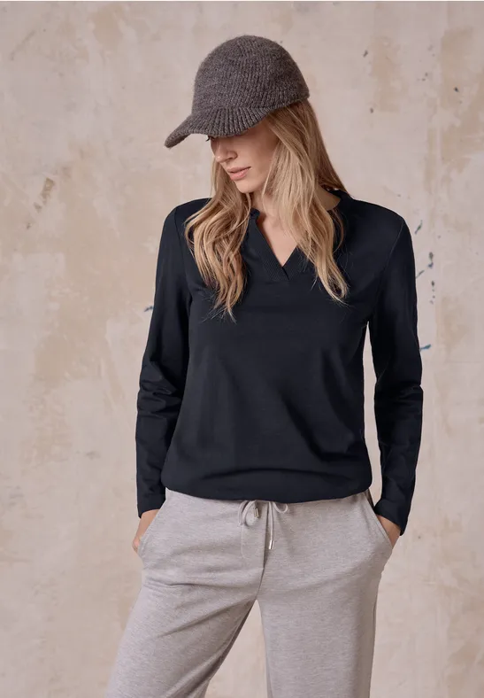 cecil Tunika-Shirt geschlitzter Ausschnitt Saum Baumwolle Blau