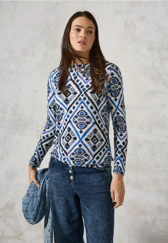 cecil Langarmshirt Fluffig U-Boot Print Viskose-Polyester-Elasthan Grau