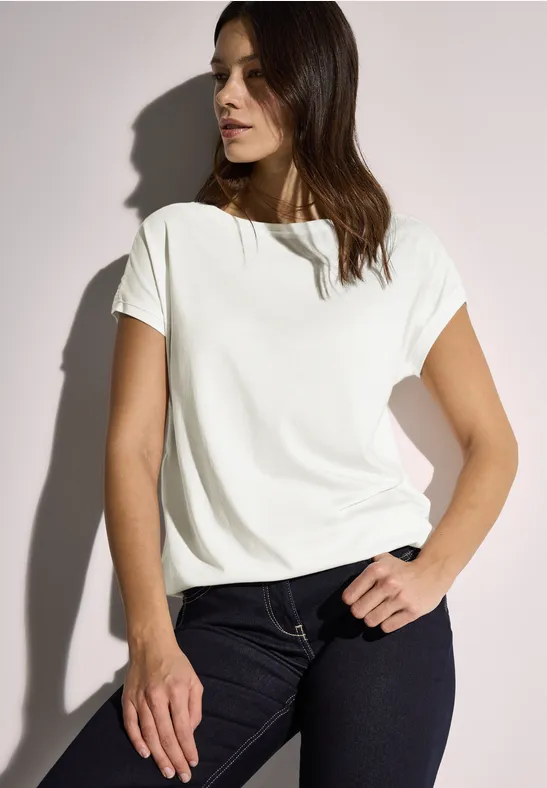 cecil T-Shirt Raffung U-Boot Modal-Baumwolle Weiss