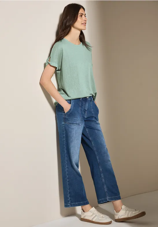 Thumbnail - Cecil Damen Leinen-Look Glitzer-Shirt in Grün, Gr: S