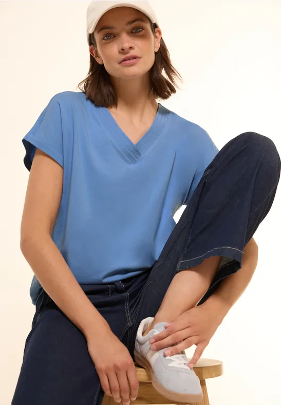 cecil T-Shirt V-Ausschnitt Dropped-Shoulder Modal-Baumwolle Blau