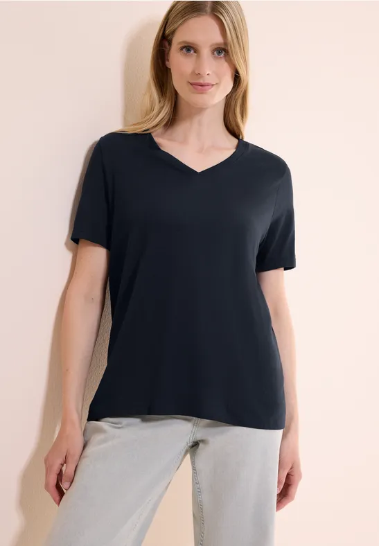 Thumbnail - Cecil Damen Basic V-Neck T-Shirt in Blau, Gr: L