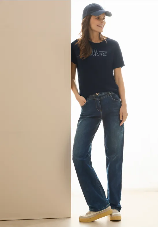 cecil T-Shirt Wording Rundhals Baumwolle Blau