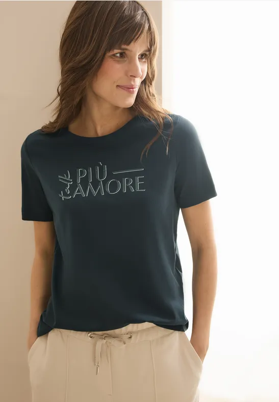 cecil T-Shirt Wording Rundhals Baumwolle Grün