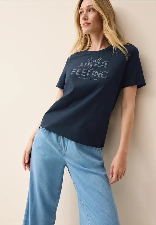 cecil T-Shirt Wording Artwork Rundhals Baumwolle Blau