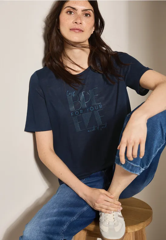 cecil Leinen Shirt Print Rundhals Viskose-Polyester Blau