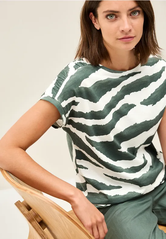 Thumbnail - Cecil Damen Print Shirt mit Raffung in Grün, Gr: XS