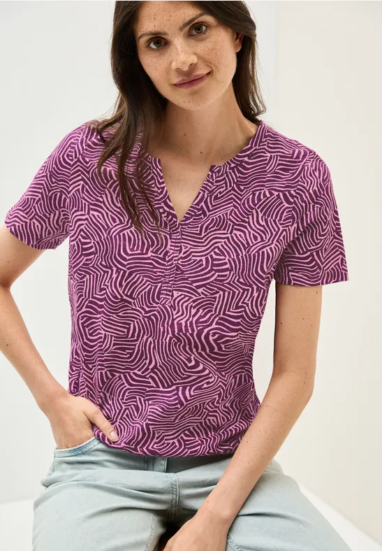 cecil Print Shirt Tunika-Look Split Neck Baumwolle Rosa