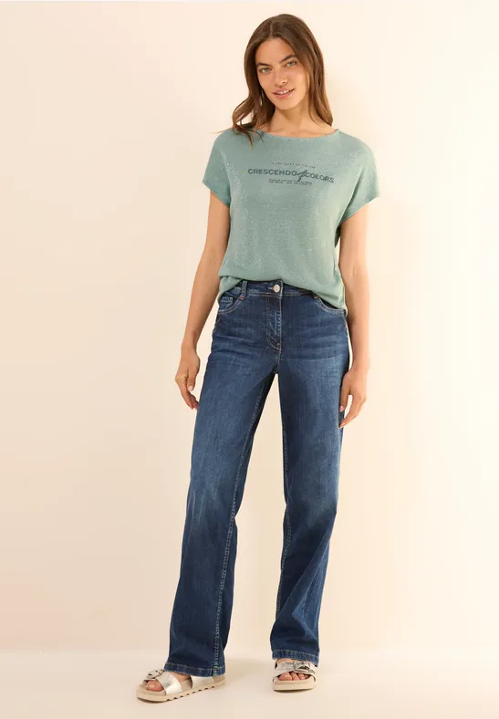 Thumbnail - Cecil Damen Glitzer Shirt mit Wording in Grün, Gr: M