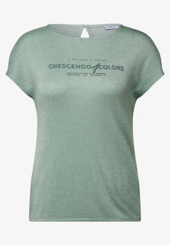 Thumbnail - Cecil Damen Glitzer Shirt mit Wording in Grün, Gr: M