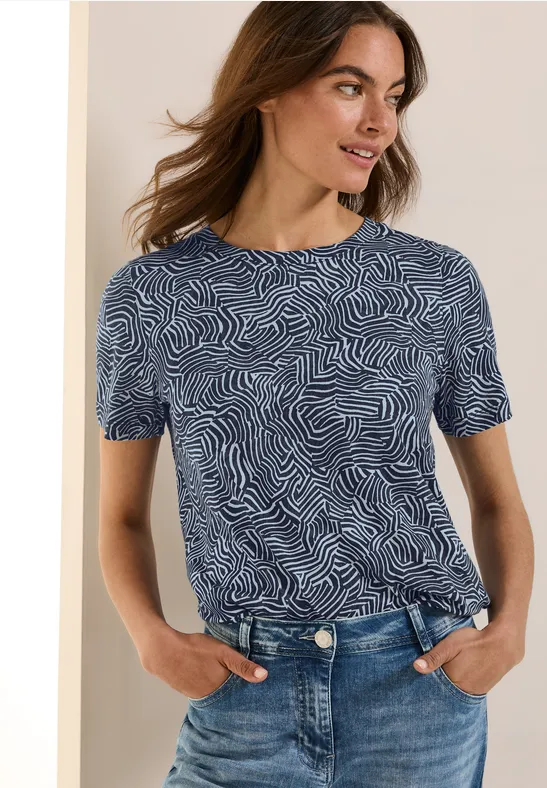 Thumbnail - Cecil Damen Gemustertes T-Shirt in Blau, Gr: XL