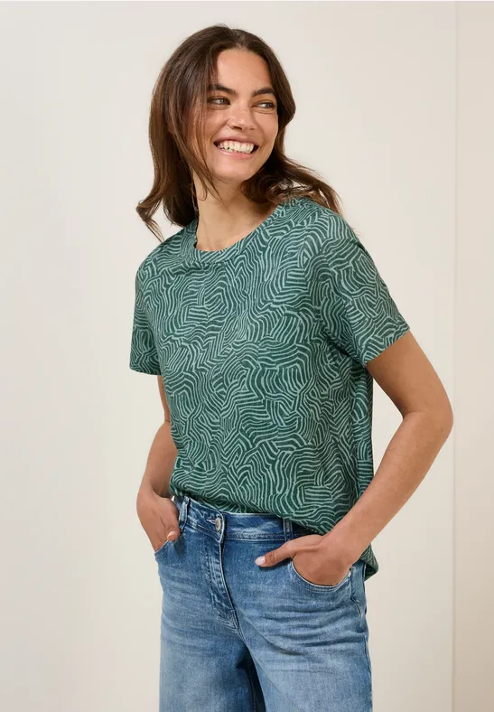 Thumbnail - Cecil Damen Gemustertes T-Shirt in Grün, Gr: XS