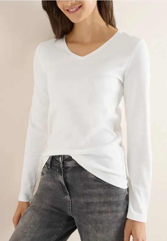 cecil Langarmshirt V-Neck Organic Cotton Weiss