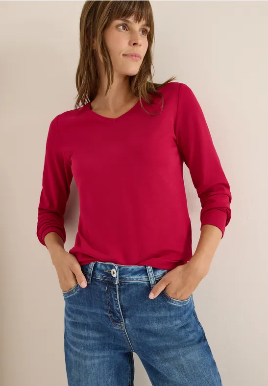 cecil Langarmshirt V-Ausschnitt Basic Baumwolle Rot