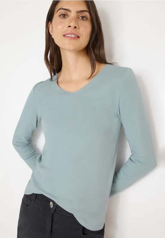 cecil Langarmshirt V-Ausschnitt Basic Baumwolle Blau