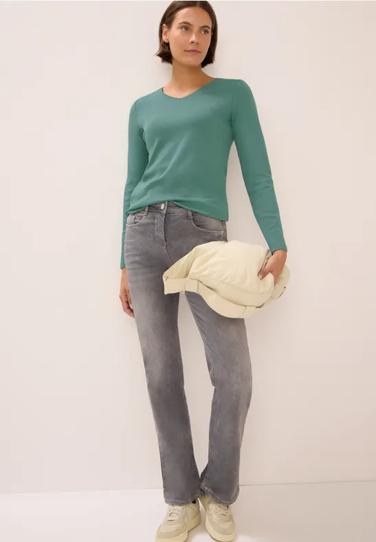 cecil Langarmshirt V-Ausschnitt Basic Baumwolle Grün