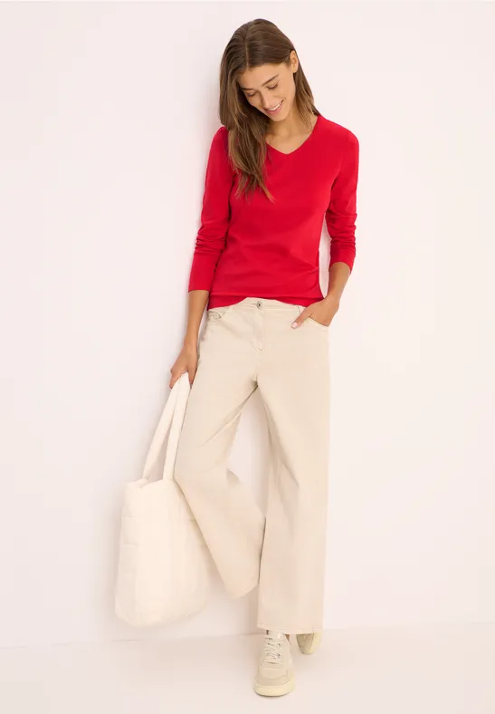 cecil Langarmshirt V-Ausschnitt Basic Baumwolle Rot
