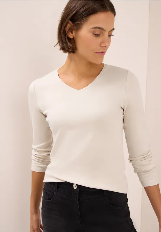 cecil Langarmshirt V-Ausschnitt Basic Baumwolle Beige