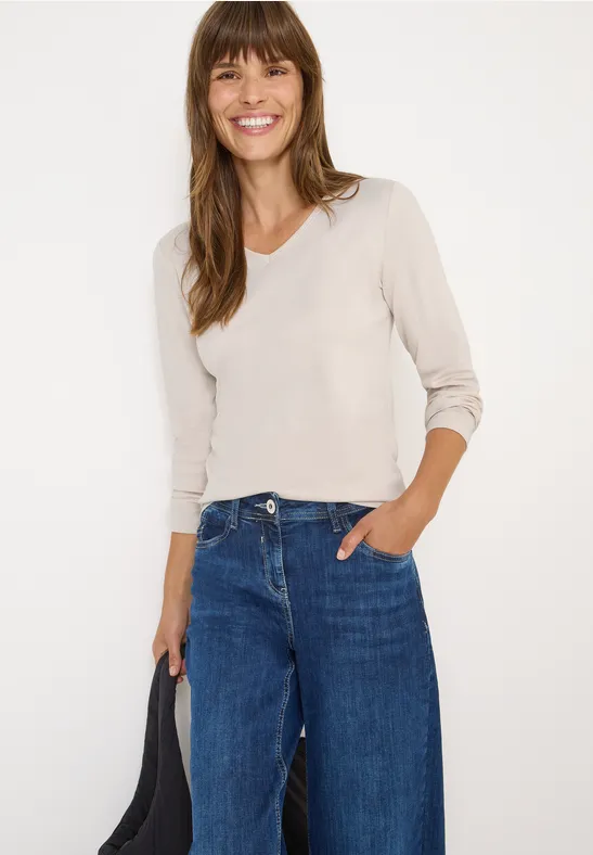 cecil Langarmshirt V-Ausschnitt Basic Baumwolle Grau