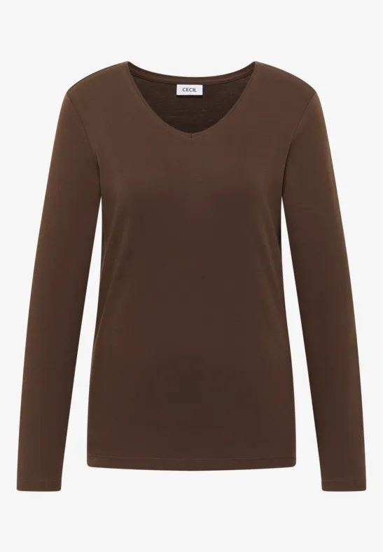 Thumbnail - Cecil Damen V-Neck Langarmshirt in Braun, Gr: XXL