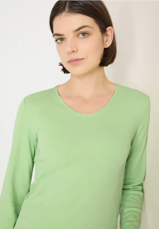 cecil Langarmshirt V-Ausschnitt Basic Baumwolle Grün