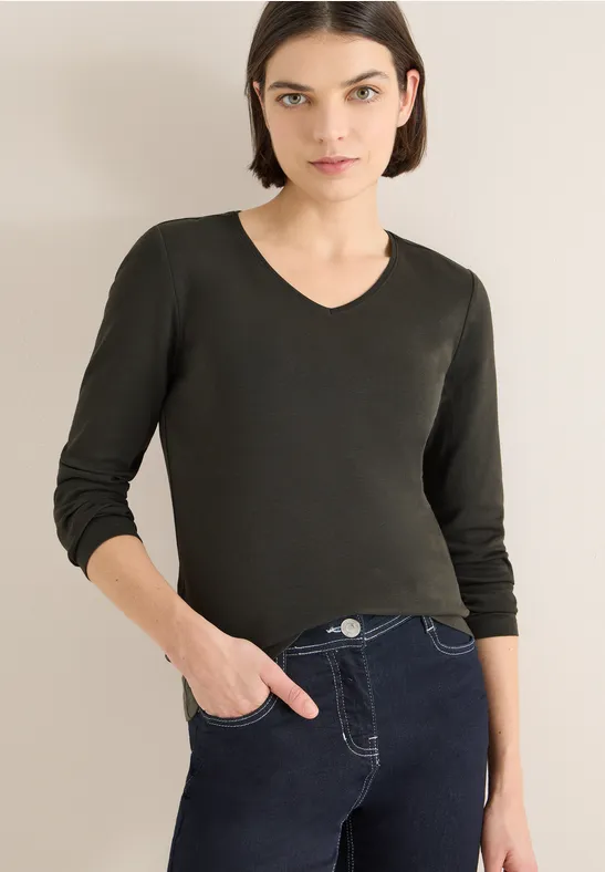 Thumbnail - Cecil Damen V-Neck Langarmshirt in Grün, Gr: S