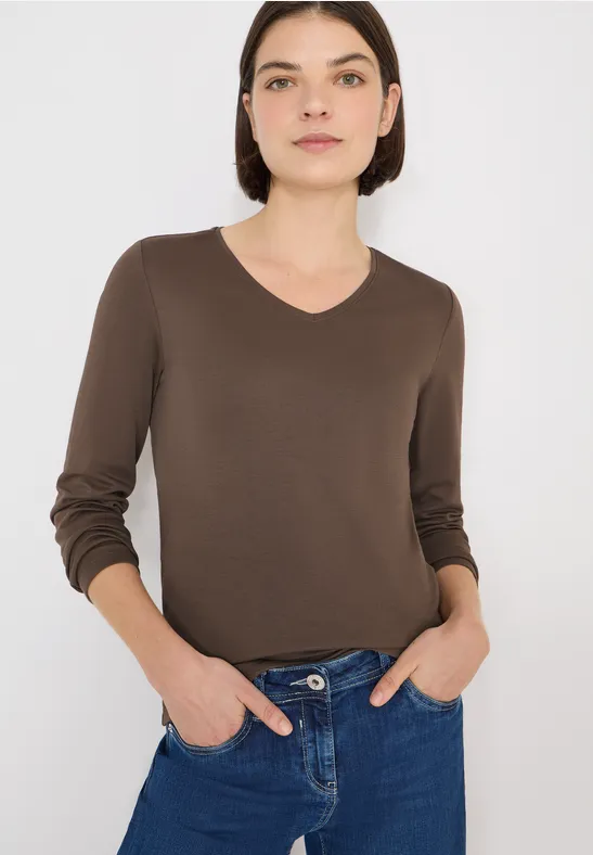 cecil Langarmshirt V-Ausschnitt Basic Baumwolle Beige