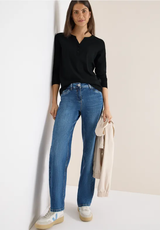 cecil Langarmshirt Split Neck Knopfleiste Baumwolle Schwarz