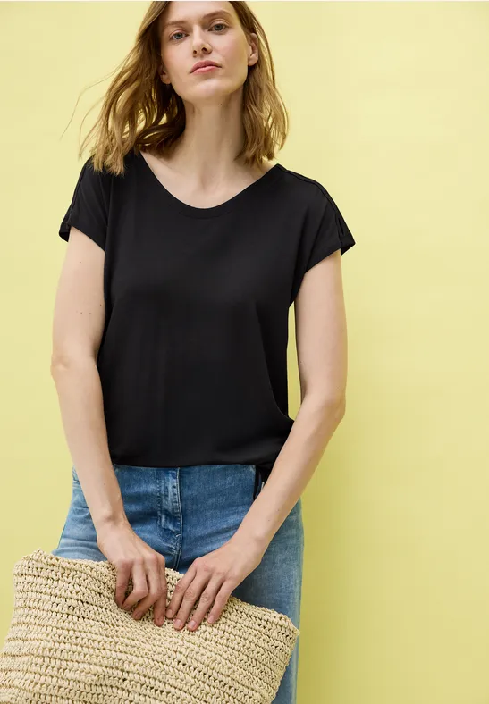 cecil T-Shirt Cut-Out V-Ausschnitt Viskose-Esasthan Schwarz