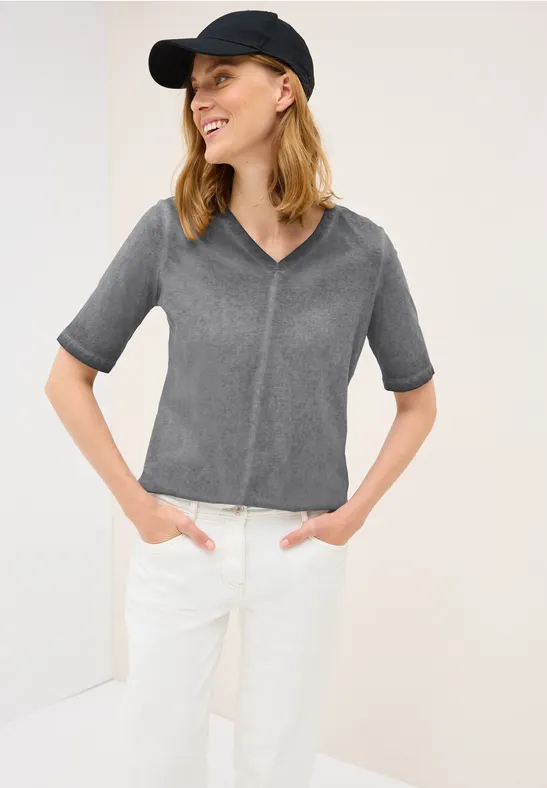 cecil Shirt V-Neck Washed-Look Baumwolle Grau