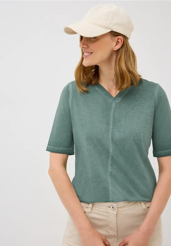 cecil Shirt V-Neck Washed-Look Baumwolle Grün