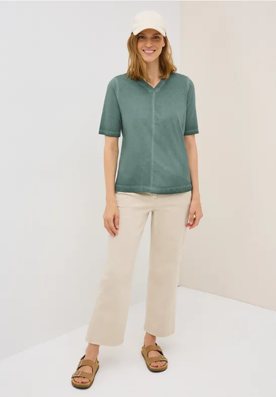 Thumbnail - Cecil Damen V-Neck Shirt im Washed-Look in Grün, Gr: XL