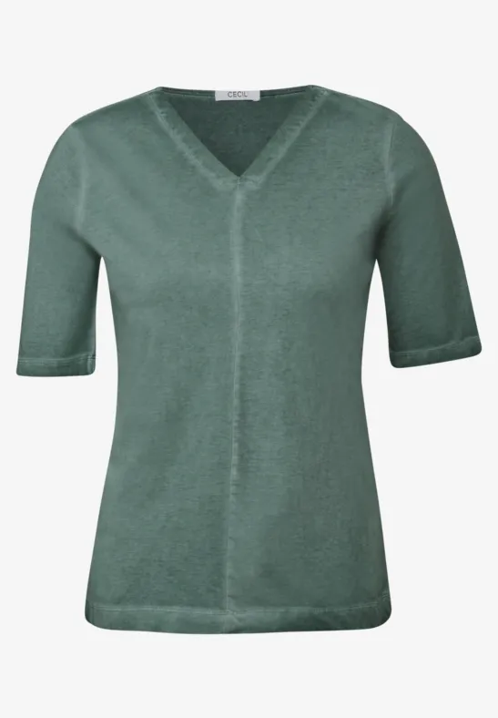 Thumbnail - Cecil Damen V-Neck Shirt im Washed-Look in Grün, Gr: XL