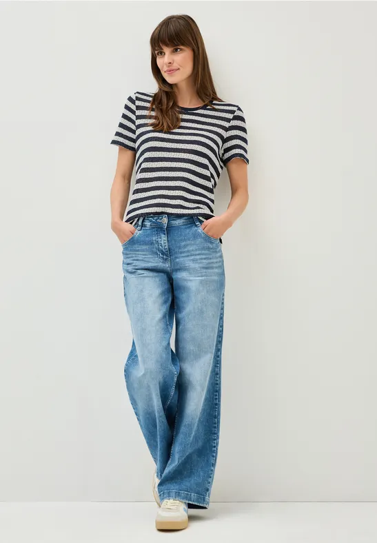 Thumbnail - Cecil Damen Gestreiftes Ajour T-Shirt in Blau, Gr: XXL