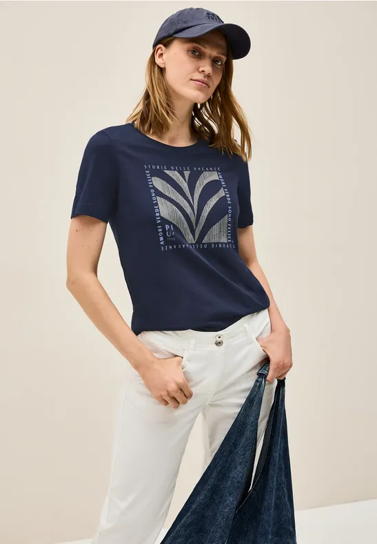 cecil T-Shirt Folien-Print Organic Cotton Blau