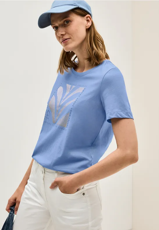 cecil T-Shirt Folien-Print Organic Cotton Blau