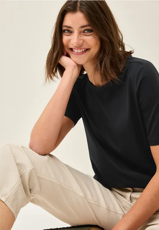 Cecil Dames Basic Shirt met ronde hals in Zwart, Gr: XS