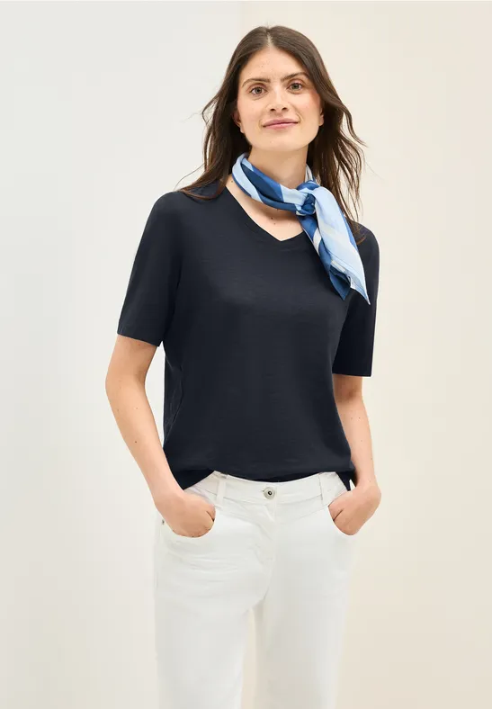 cecil Shirt V-Ausschnitt Basic Organic Cotton Blau